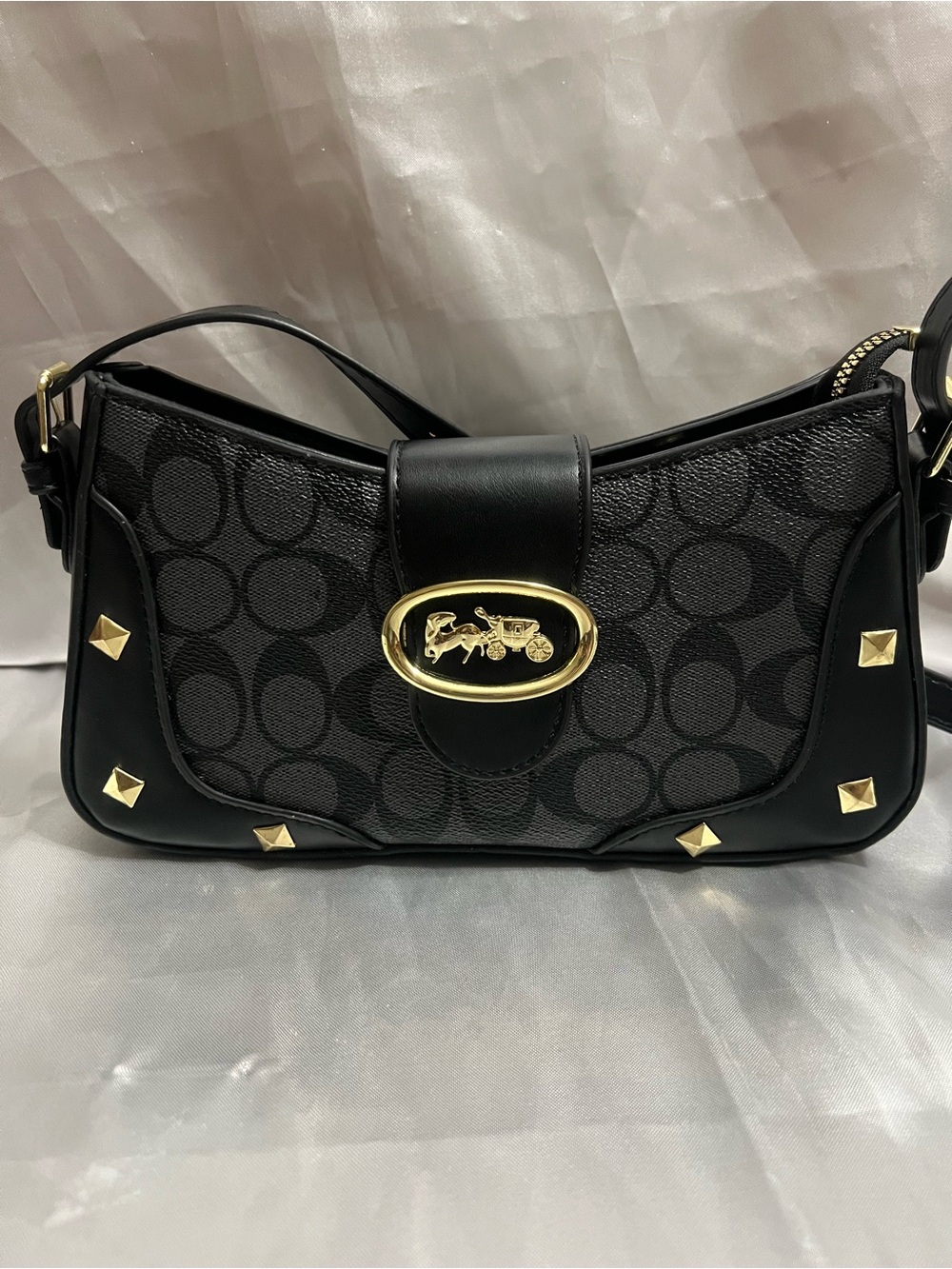 Black Logo-Print Shoulder Bag with Gold Accent Hardware